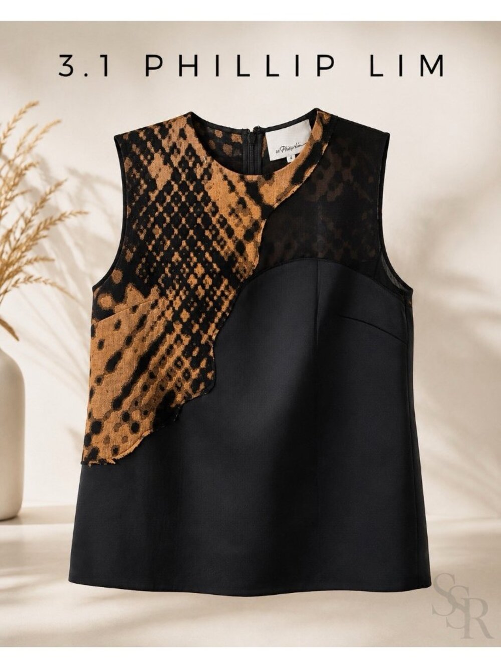 3.1 Phillip Lim Size 4 Black Silk Wool Animal Print Asymmetric Sleeveless Top